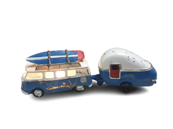 Bus (met LED) + Caravan blauw/wit 13x5x8/12x5x6 cm polyester