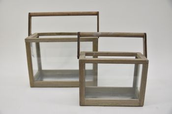 Set/2 lantaarn hout grijs met handvat 23x10,5x17,5 / 30x15x22cm