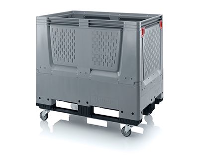 Pallet box opvouwbaar met ventilatiesleuven in bodem en zijkanten 4 wielen en 3 sledes 120 x 80 x 114 cm