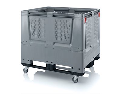 Pallet box opvouwbaar met ventilatiesleuven in bodem en zijkanten 4 wielen en 3 sledes 120x100x114cm