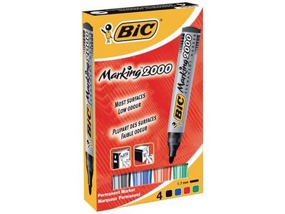BIC® Marking 2000 Permanente Marker, Ronde Punt, 1,7 mm, Zwart, Blauw, Rood, Groen (pak 4 stuks)
