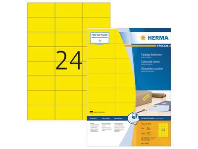 Herma Permanent gekleurd papieretiket, 70 x 37 mm, 100 vellen, 24 etiketten per A4-vel, geel (pak 2400 stuks)