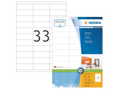 Herma Premium permanent papieretiket, 70 x 25,4 mm, 100 vellen, 33 etiketten per A4-vel, wit (pak 3300 stuks)