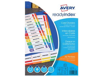 Avery Tabbladen bedrukbaar Ready Index™ 9 rings, A4 maxi/XL, bedrukte tabs, 1-12, L7411-12 (set 12 vel)