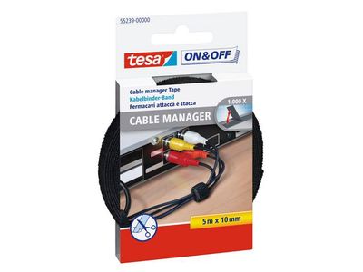 tesa On & Off Cable Manager Universal Kabelbinder, Klittenband, 10 mm x 5 m, Zwart