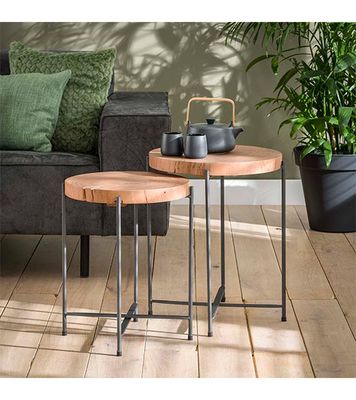 Set van 2 bijzettafels Bergen Ø42cm rond stam acaciahout