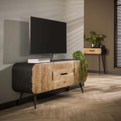 TV dressoir Grafen metalen romp met mangohout deuren en lades