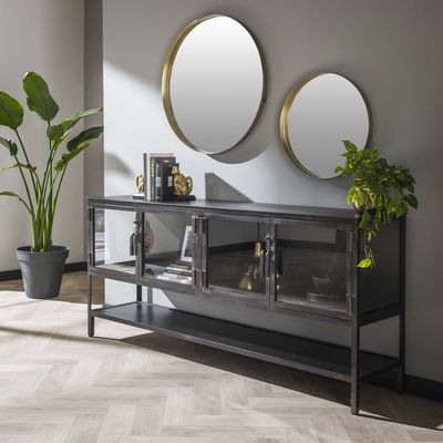 Dressoir Geldern met 4 glazen deuren in grijs/zwart gun metal