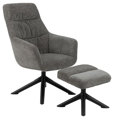 Fauteuil + hocker Hobro in donkergrijze stof 