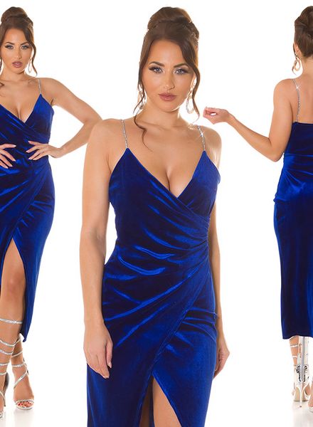 sexy blauwe jurk met hoge split