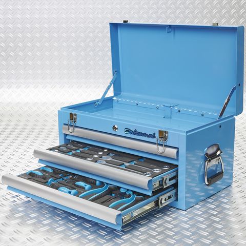 Caisse à outils avec 3 tiroirs - 2 tiroirs remplis – bleue