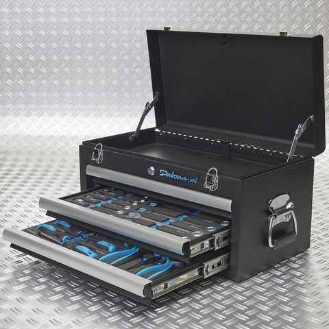 Caisse à outils avec 3 tiroirs - 2 tiroirs remplis – noire mat