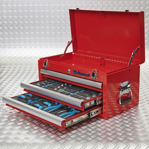 Caisse à outils avec 3 tiroirs - 2 tiroirs remplis – rouge