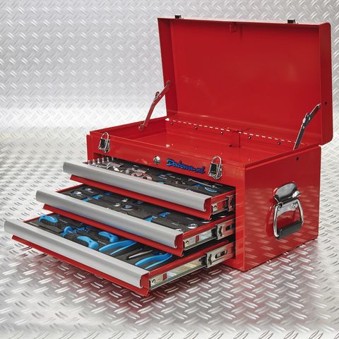 Caisse à outils avec 3 tiroirs - 3 tiroirs remplis – rouge
