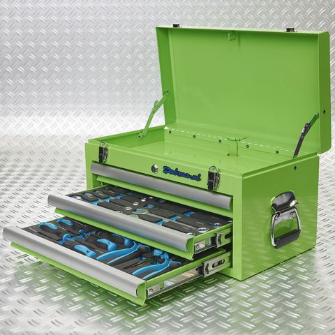 Caisse à outils avec 3 tiroirs - 2 tiroirs remplis – verte