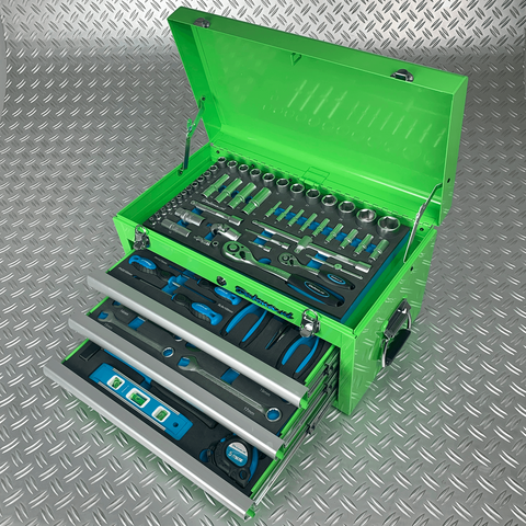 Caisse à outils avec 3 tiroirs - 4 tiroirs remplis – verte