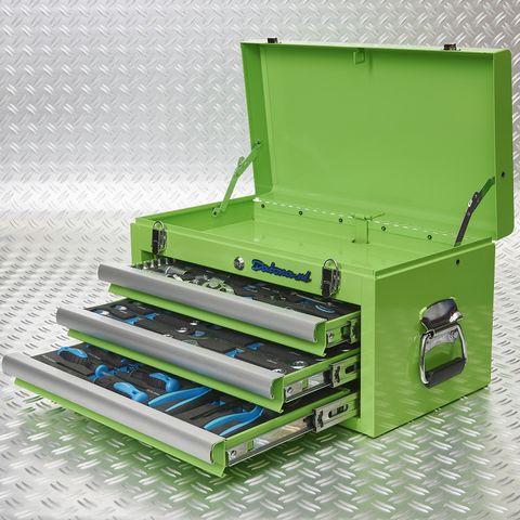 Caisse à outils avec 3 tiroirs - 3 tiroirs remplis – verte
