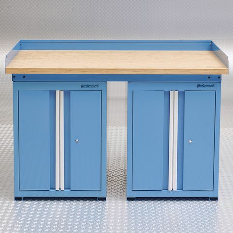 Établi bleu PRO 150 cm - Bambou - 2 armoires