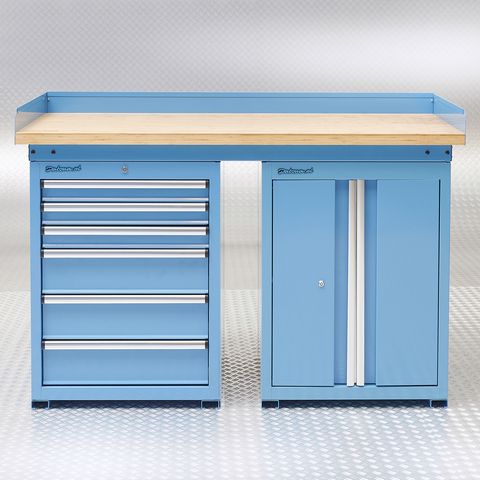 Établi bleu PRO 150 cm – Bambou – 6 tiroirs - 1 armoire