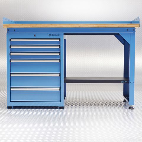 Établi bleu PRO 150cm - Chêne - 6 tiroirs