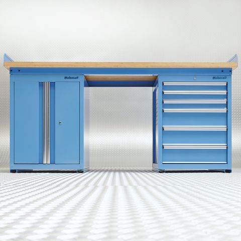 Établi bleu PRO 200 cm – Bambou - 6 tiroirs - 1 armoire