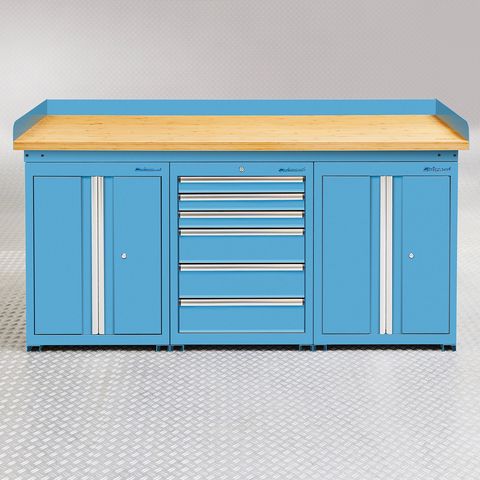 Établi bleu PRO 200 cm - Bambou - 6 tiroirs - 2 armoires 