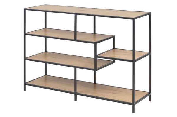 sabro-boekenkast-laag-asymmetrisch-planken-wild-eiken-zwart-frame-1