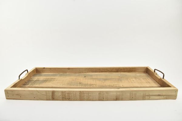 Houten dienblad rechthoek 80x35x5cm met metalen handgrepen naturel