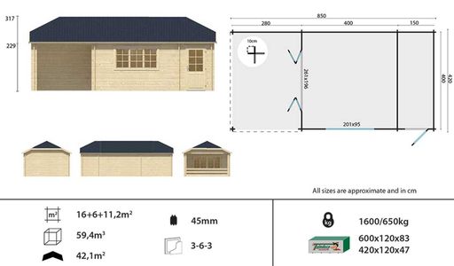 850 X 420 Cm, Corner Summer House Plans