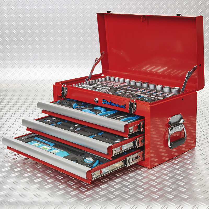 Caisse à outils avec 3 tiroirs - 4 tiroirs remplis – rouge