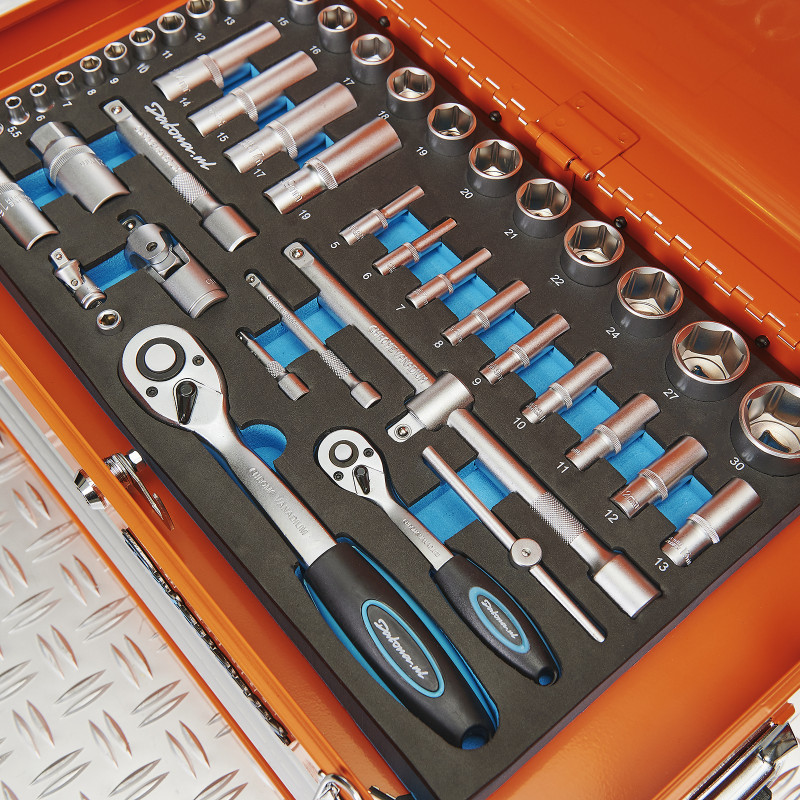 Caisse à outils avec 3 tiroirs - 4 tiroirs remplis - orange