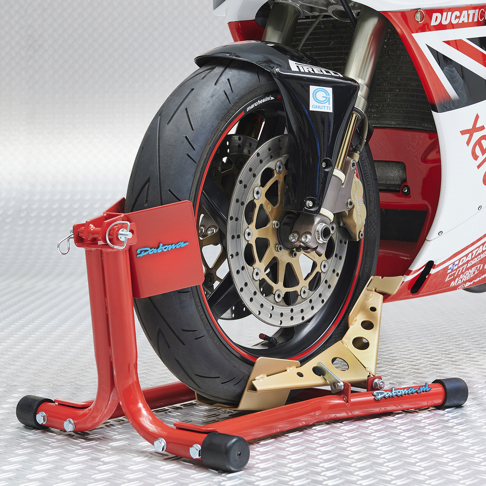 Support pour motos/support de réparation avant Parzini Strada/roue avant,  rouge, universel avec supports caoutchoutés | Heavy Tuned: Pièces détachées