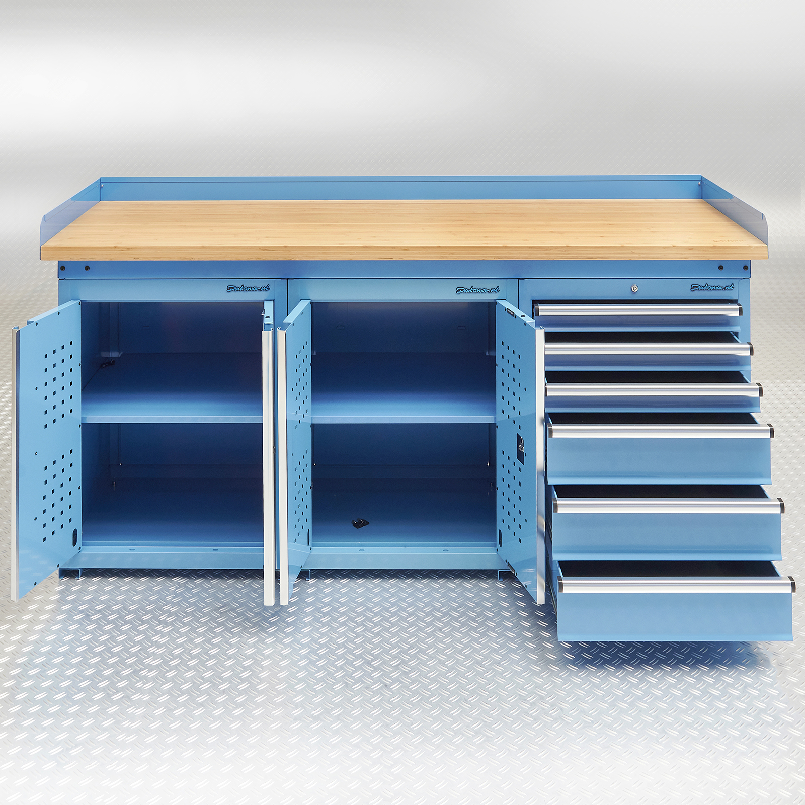Établi bleu PRO 200 cm – Bambou – 2 armoires – 6 tiroirs