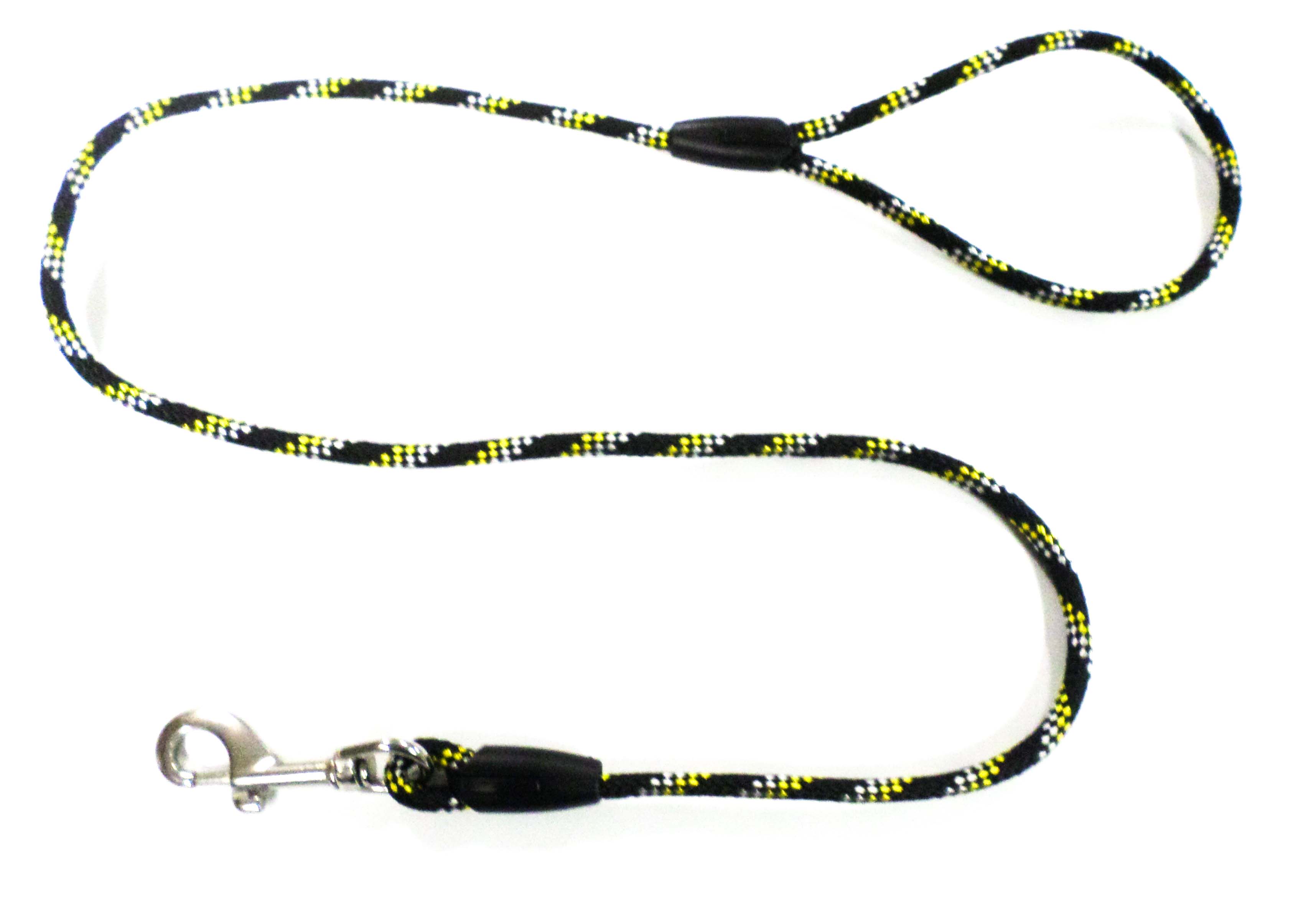 Hondenriem 1 meter PP zwart:geel:wit met handvat en rvs musketonhaak.JPG
