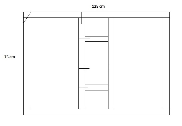 Houten deurframe. Met lijnen voor de positie van de spaanplaatschroeven. 