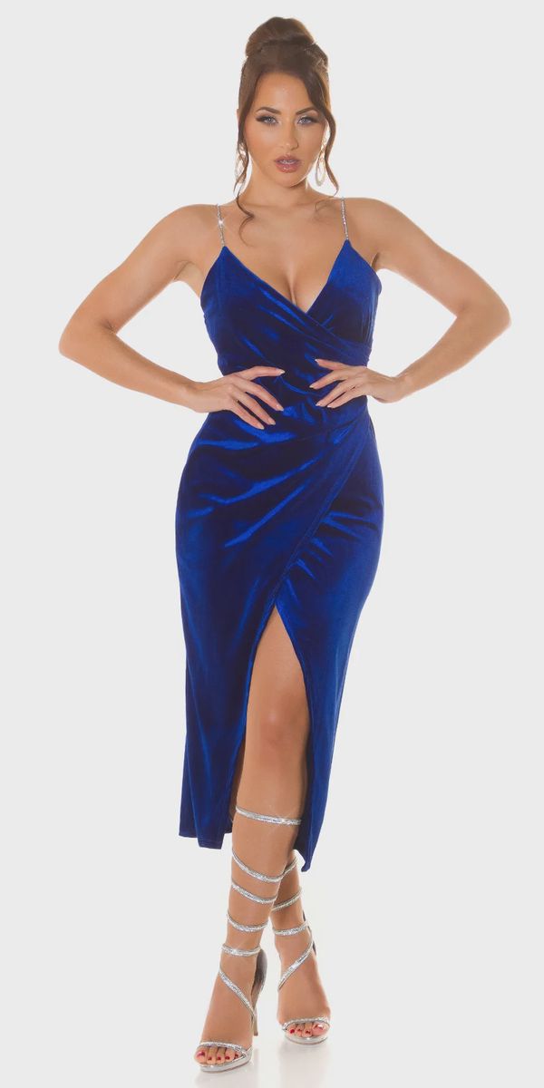 sexy blauwe jurk met hoge split