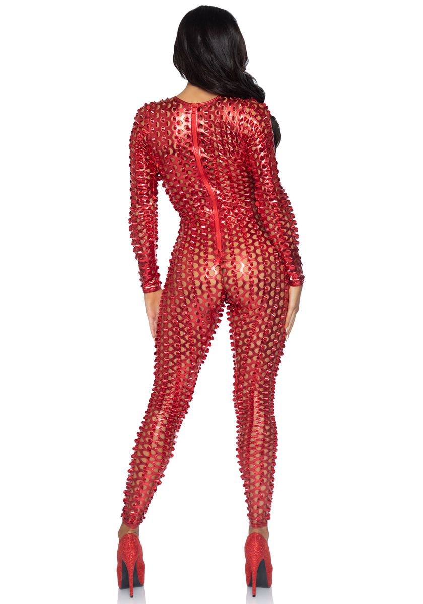 Leg Avenue Catsuit Lasercut Metallic Rood back rits.jpg