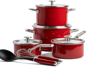 Ensemble de casseroles KitchenAid en acier émaillé à noyau en acier rouge impérial 10 pièces.