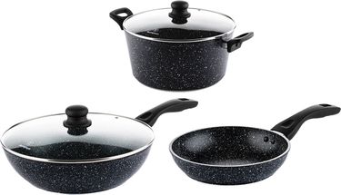 Ensemble de casseroles Westinghouse Black Marble (wok + poêle ø 30 cm + cocotte ø 28 cm) - Induction et toutes autres sources de chaleur