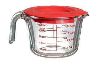 Bicchiere dosatore Sareva - con coperchio - vetro termoresistente - 1 litro