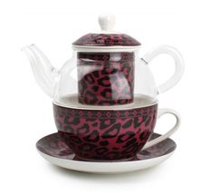 Yong theepot met filter Blanco panterprint roze
