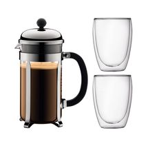 Bodum Cafetière Chambord RVS + 2 Dubbelwandige Glazen