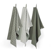 Walra Keukendoeken Set Cubes Uni, Stripes &amp; Blocks Legergroen 50 x 70 cm - 3 Stuks