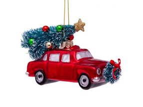 Vondels kerstdecoratie Rode auto met kerstboom