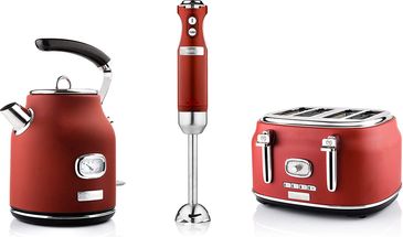 Westinghouse Retro Waterkoker + Broodrooster 4 Sleuven + Staafmixer - Rood