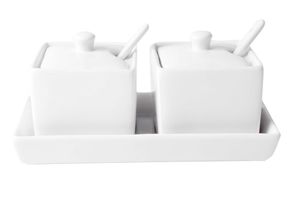 CasaLupo Potjes met Lepel op Tray Wit - 2 Stuks