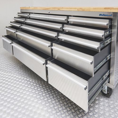 verrijdbare werkbank rvs met veel lades