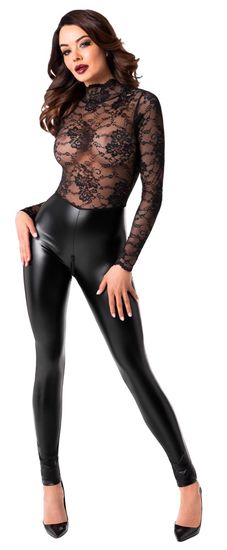 Noir Handmade - Catsuit - Kant - Wetlook - Zwart