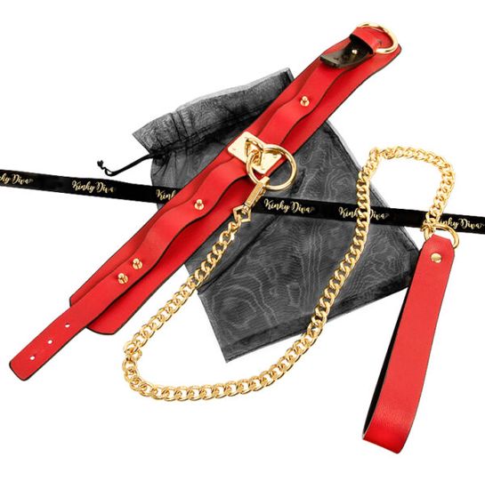 Kinky Diva - Collar &amp; Leash - Choker met Riem - BDSM - PU Leer - Rood - Goud