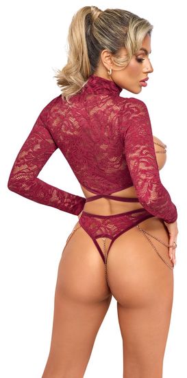 Abierta Fina - Lingerie Set - Lange Mouw - Open Kruis Slip - Kettingen - Kant - Rood